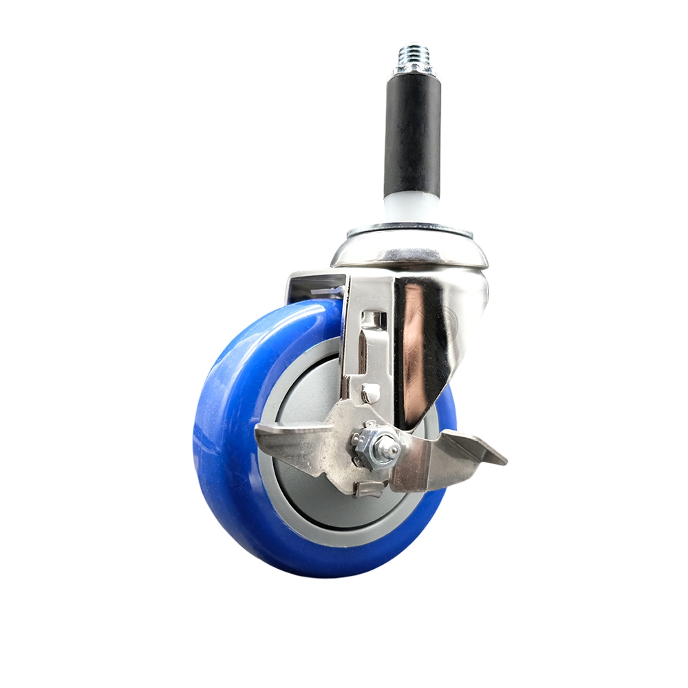 Polyurethane Swivel Stem Caster with 4 in. Blue Caster Wheels & Top Lock Brake, 0.75 in. Expanding Stem - 316 Stainless Steel Caster