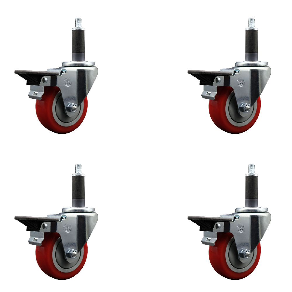 SCC-EX20S3514-PPUB-RED-PLB-1-4 Polyurethane Swivel Expanding Stem Caster with 3.5 in. Red Wheels & 1 in. Stems - Set of 4