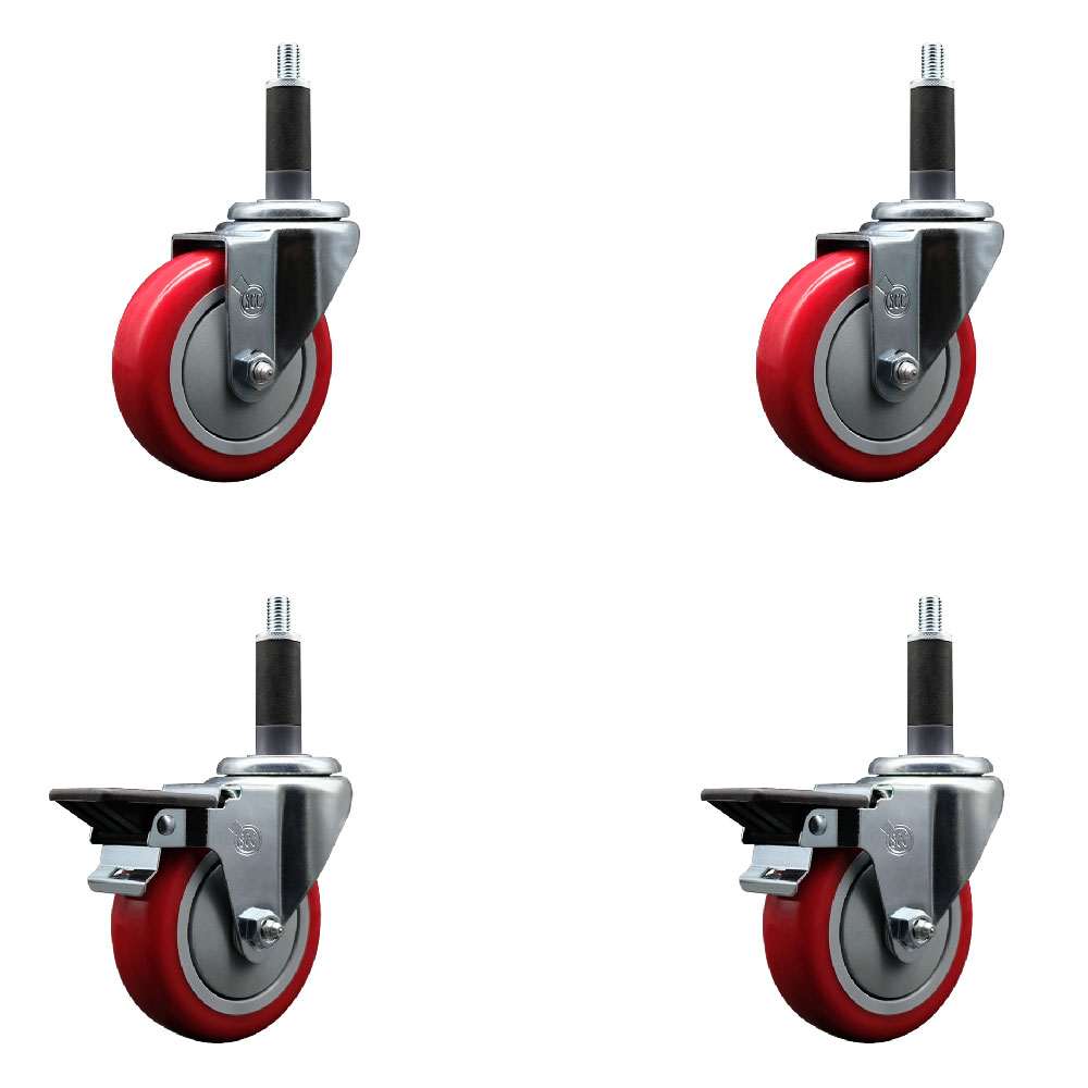 SCC-EX20S414-PPUB-RED-2-PLB-2-1 Polyurethane Swivel Expanding Stem Caster with 4 in. Red Wheels & 1 in. Stems - Set of 4