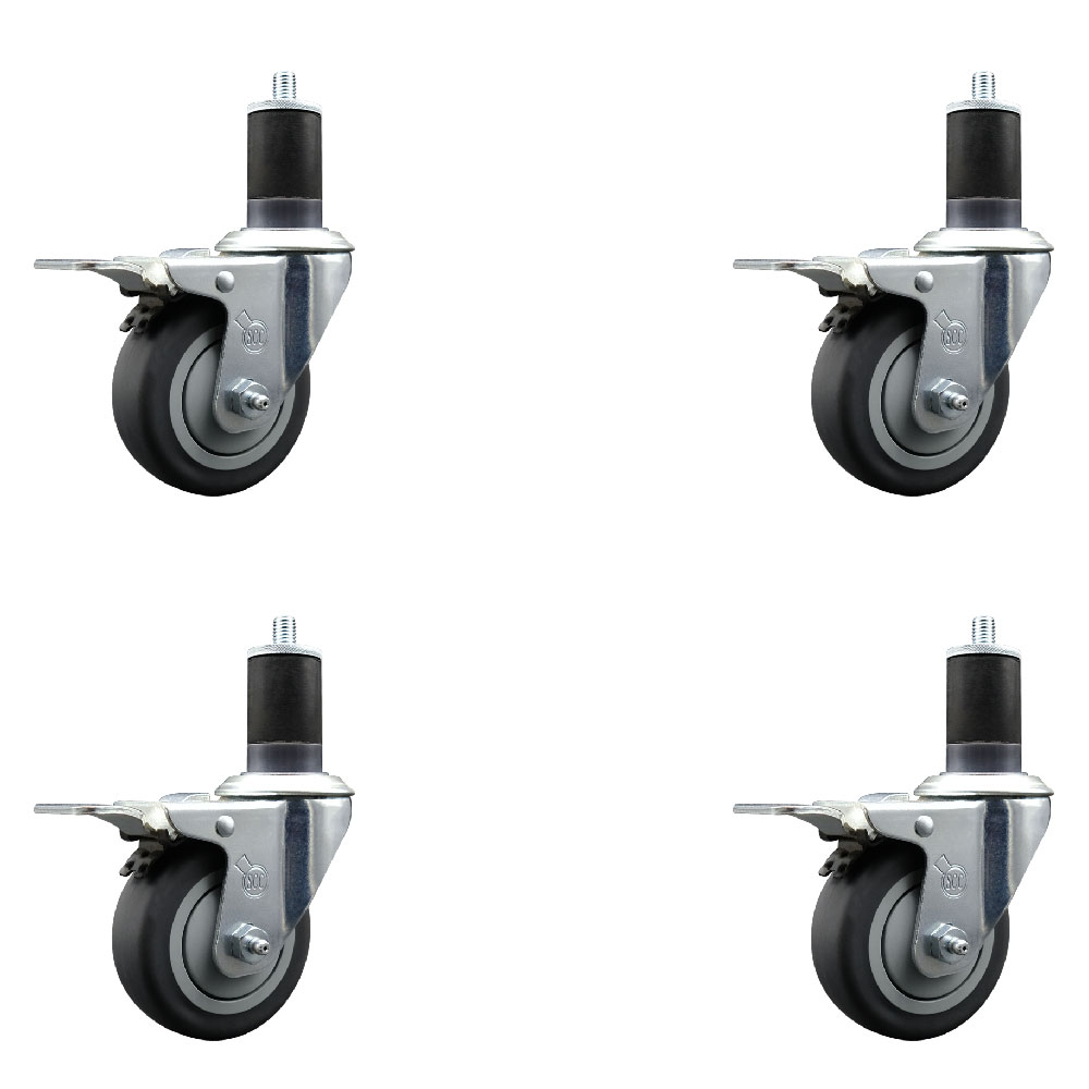 Thermoplastic Rubber Swivel Expanding Stem Caster with 3.5 in. Gray Wheels & 1.63 in. Stems 4 Swivel with Total Locking Brakes - Set of 4