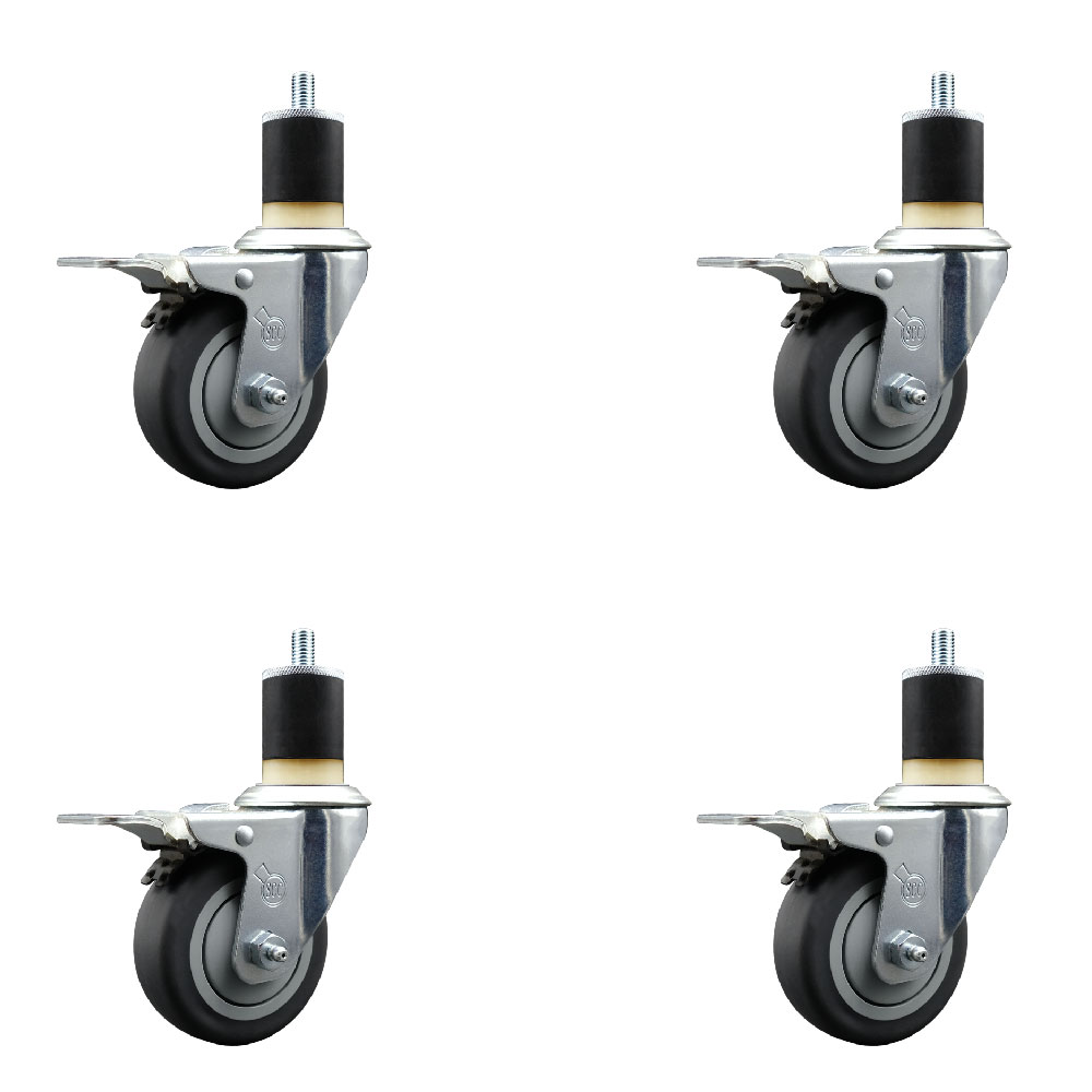 Thermoplastic Rubber Swivel Expanding Stem Caster with 3.5 in. Gray Wheels & 1.87 in. Stems 4 Swivel with Total Locking Brakes - Set of 4