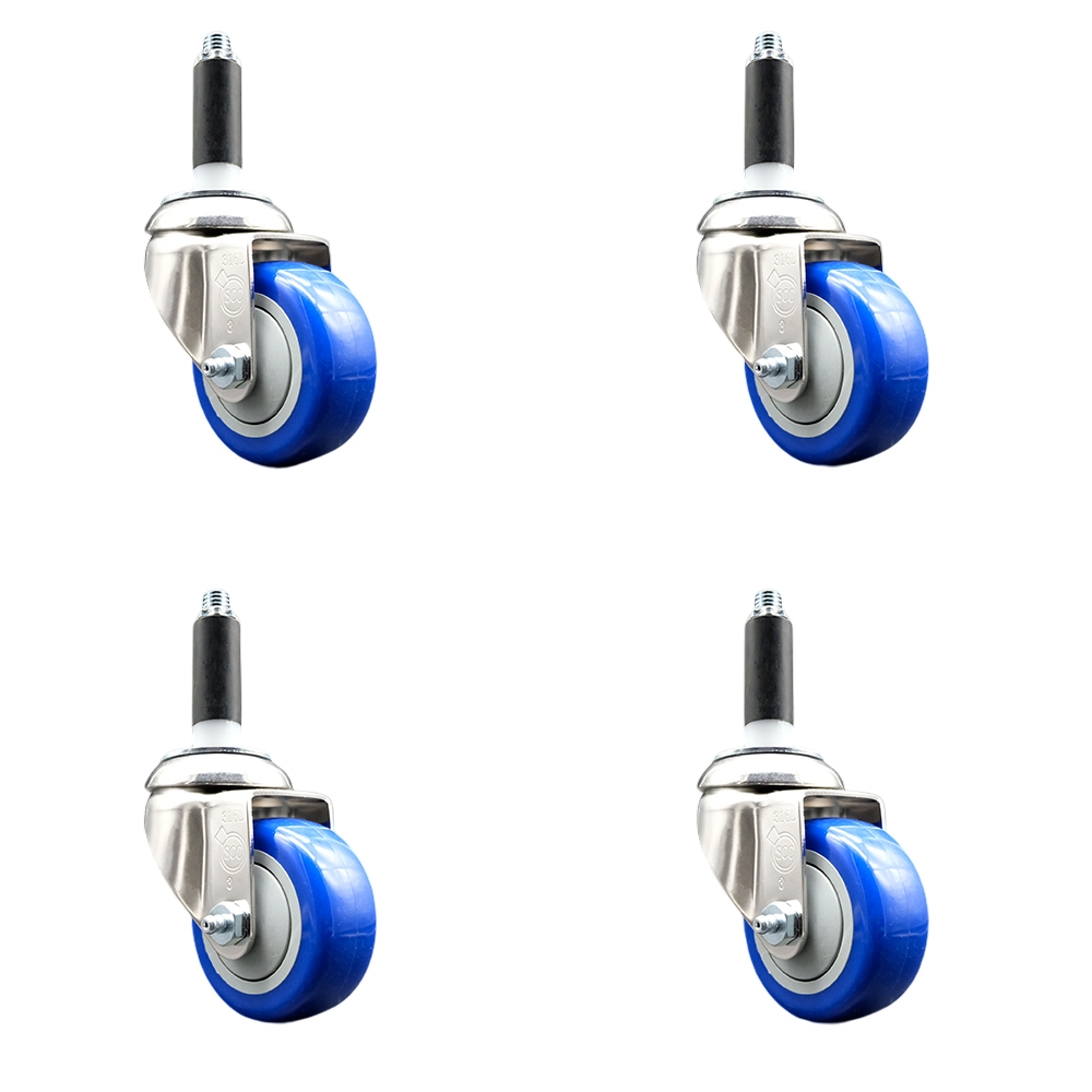 Polyurethane Swivel Stem Caster with 3.5 in. Blue Caster Wheels, 0.87 in. Expanding Stems - 316 Stainless Steel Casters - Set of 4