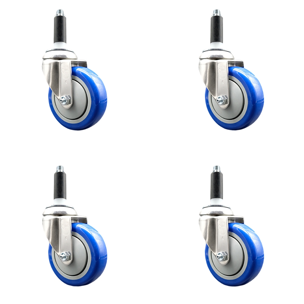 Polyurethane Swivel Stem Caster with 4 in. Blue Caster Wheels, 0.87 in. Expanding Stems - 316 Stainless Steel Casters - Set of 4