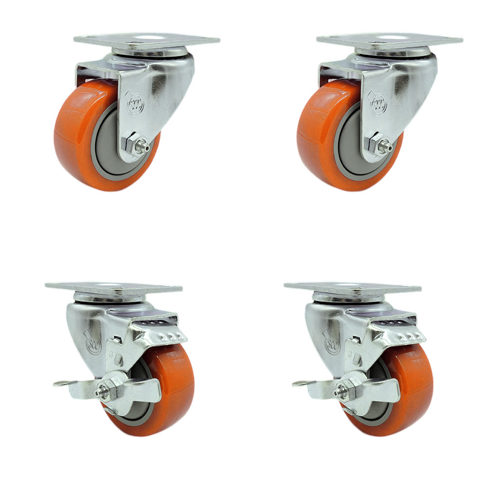 SCC-20S314-PPUB-ORG-TP3-2-TLB-2 Swivel Caster with 2 Brakes, 3 in. Orange Polyurethane Wheel - 4 x 4.5 in. Overall Top Plate - Set of 4