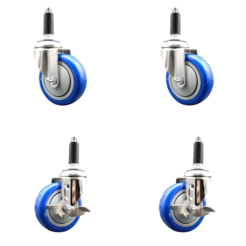 Polyurethane Swivel Stem Caster with 4 in. Blue Caster Wheels, 0.87 in. Expanding Stems - 316 Stainless Steel Casters - Set of 4