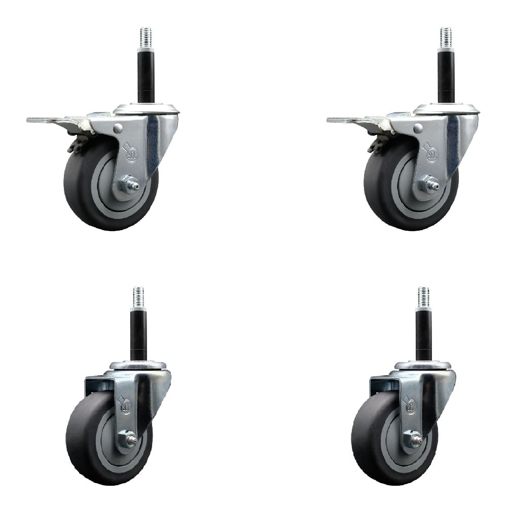 Stainless Steel Thermoplastic Rubber Swivel Expanding Stem Caster with 3.5 in. Gray Wheels & 0.75 in. Stems 2 with Total Locking Brakes - Set of 4