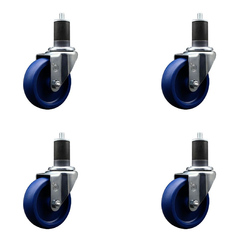 SCC-EX20S414-SPUS-158-4 Solid Polyurethane Swivel Expanding Stem Caster with 4 in. Blue Wheels & 1.63 in. Stems - Set of 4