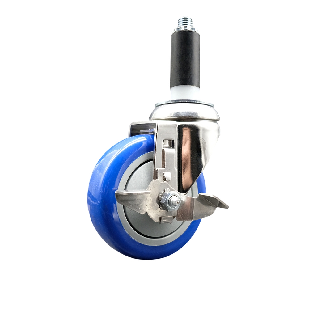 Polyurethane Swivel Stem Caster with 4 in. Blue Caster Wheels & Top Lock Brake, 1 in. Expanding Stem - 316 Stainless Steel Caster