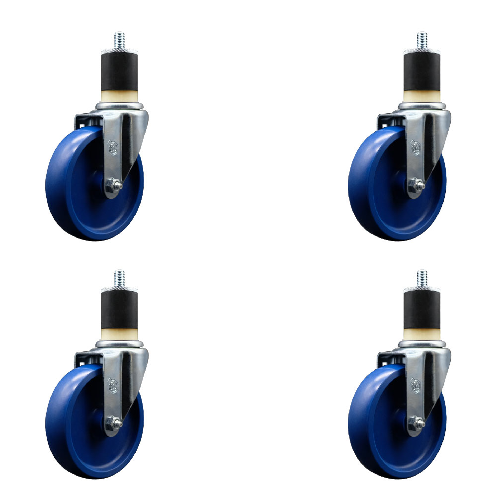 SCC-EX20S514-SPUS-178-4 Solid Polyurethane Swivel Expanding Stem Caster with 5 in. Blue Wheels & 1.87 in. Stems - Set of 4