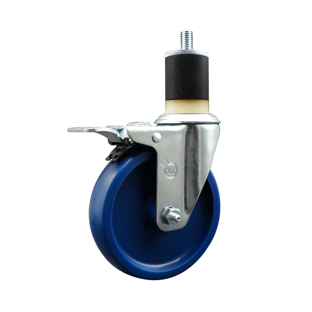 Stainless Steel Solid Polyurethane Expanding Stem Swivel Caster with 5 in. Blue Wheel & 1.87 in. Stem & Total Locking Brake