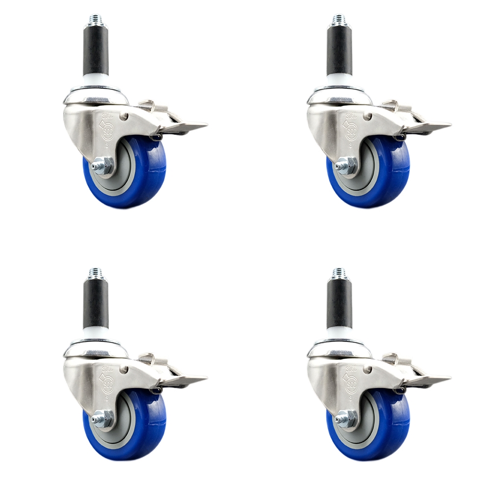 Polyurethane Swivel Stem Caster with 3 in. Blue Caster Wheels, 1.13 in. Expanding Stems - 316 Stainless Steel Casters - Set of 4