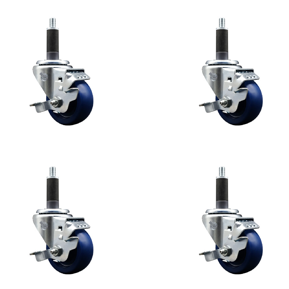 Stainless Steel Solid Polyurethane Swivel Expanding Stem Caster with 3 in. Blue Wheels & 1 in. Stems 4 Swivel with Top Locking Brakes - Set of 4
