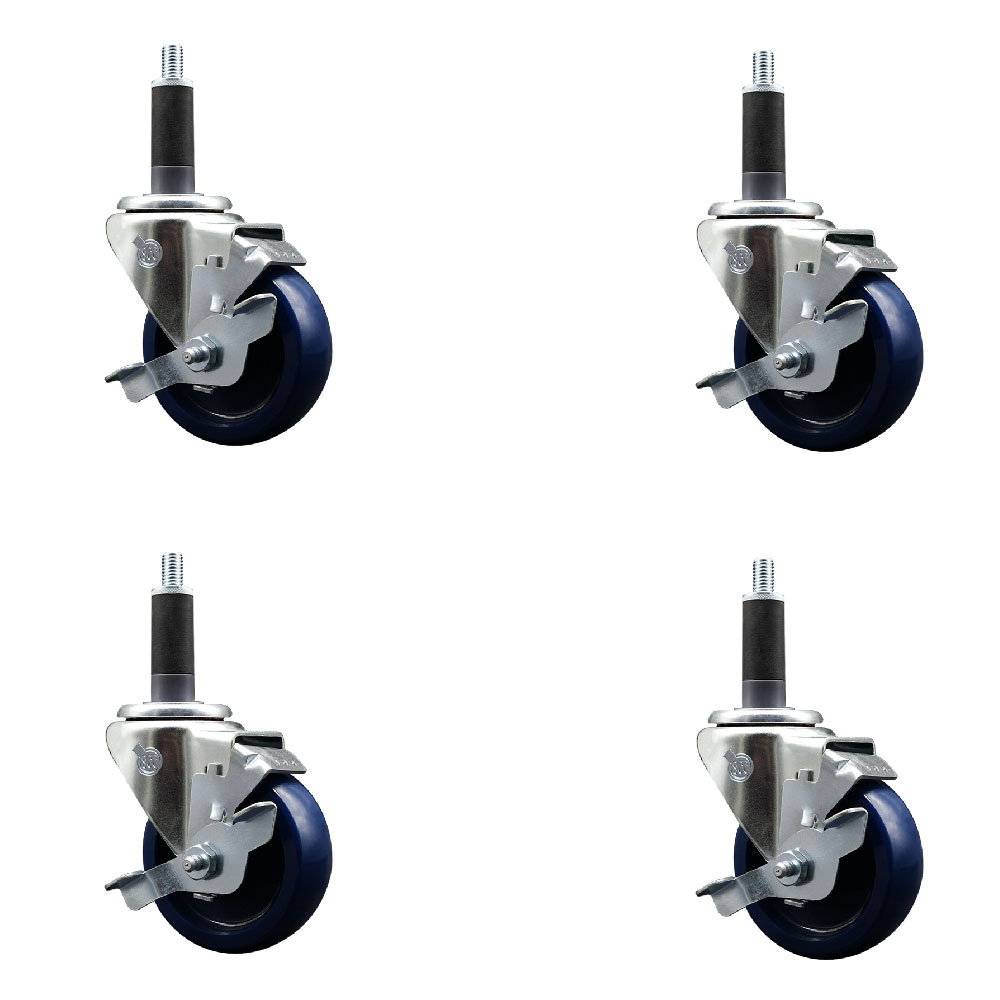 Stainless Steel Solid Polyurethane Swivel Expanding Stem Caster with 3.5 in. Blue Wheels & 1 in. Stems 4 Swivel with Top Locking Brakes - Set of 4