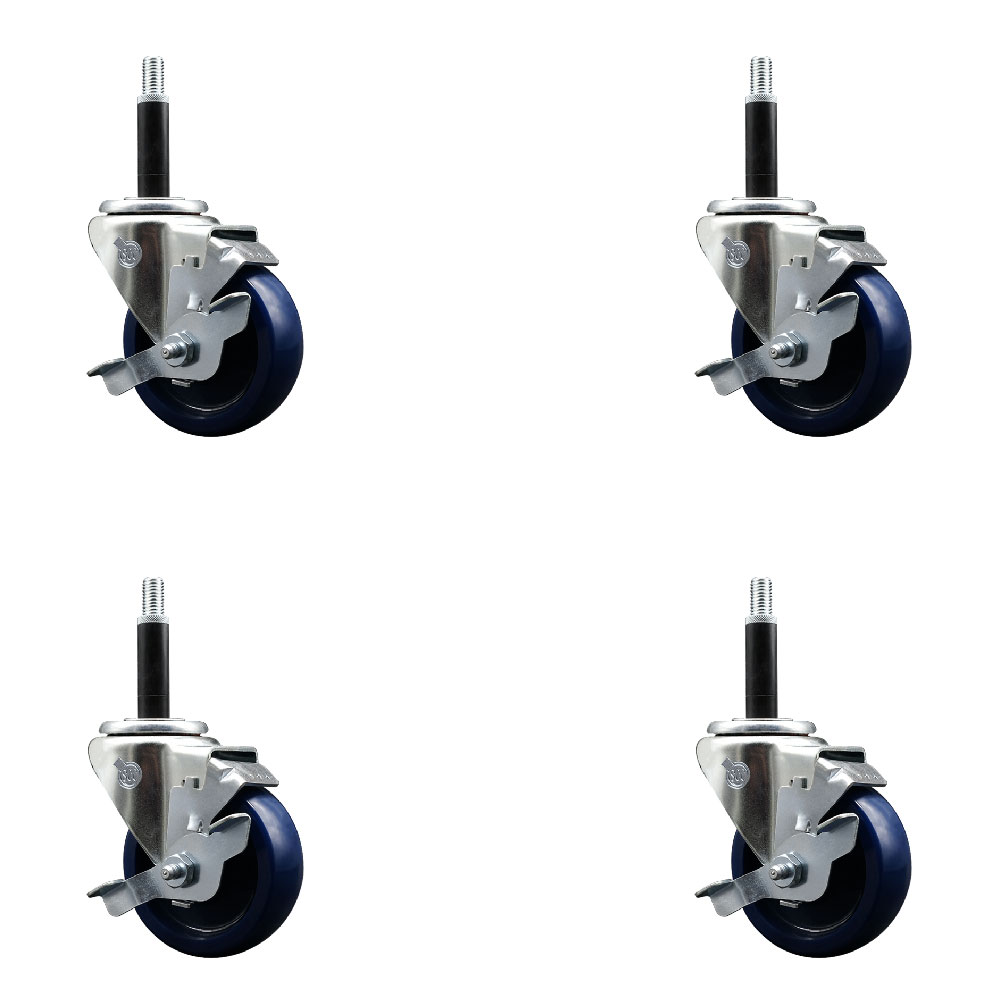 Stainless Steel Solid Polyurethane Swivel Expanding Stem Caster with 3.5 in. Blue Wheels & 0.75 in. Stems4 Swivel with Top Locking Brakes - Set of 4