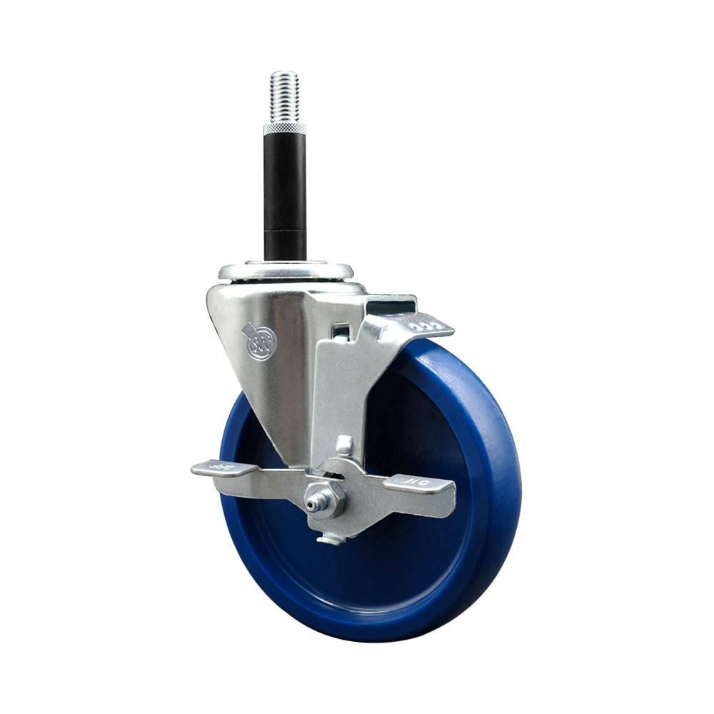 SCC-SSEX20S514-SPUS-TLB-34 Stainless Steel Solid Polyurethane Expanding Stem Swivel Caster with 5 in. Blue Wheel & 0.75 in. Stem & Top Locking Brake