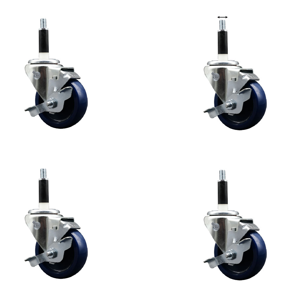 Stainless Steel Solid Polyurethane Swivel Expanding Stem Caster with 3.5 in. Blue Wheels & 0.87 in. Stems4 Swivel with Top Locking Brakes - Set of 4