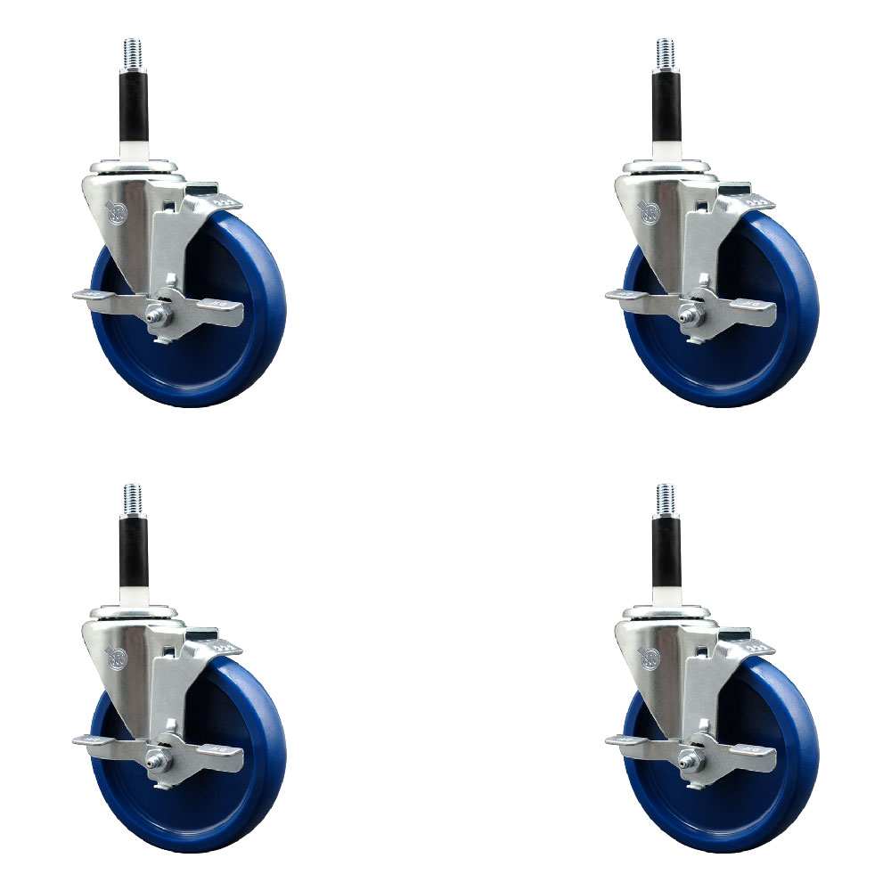 Stainless Steel Solid Polyurethane Swivel Expanding Stem Caster with 5 in. Blue Wheels & 0.87 in. Stems 4 Swivel with Top Locking Brakes - Set of 4