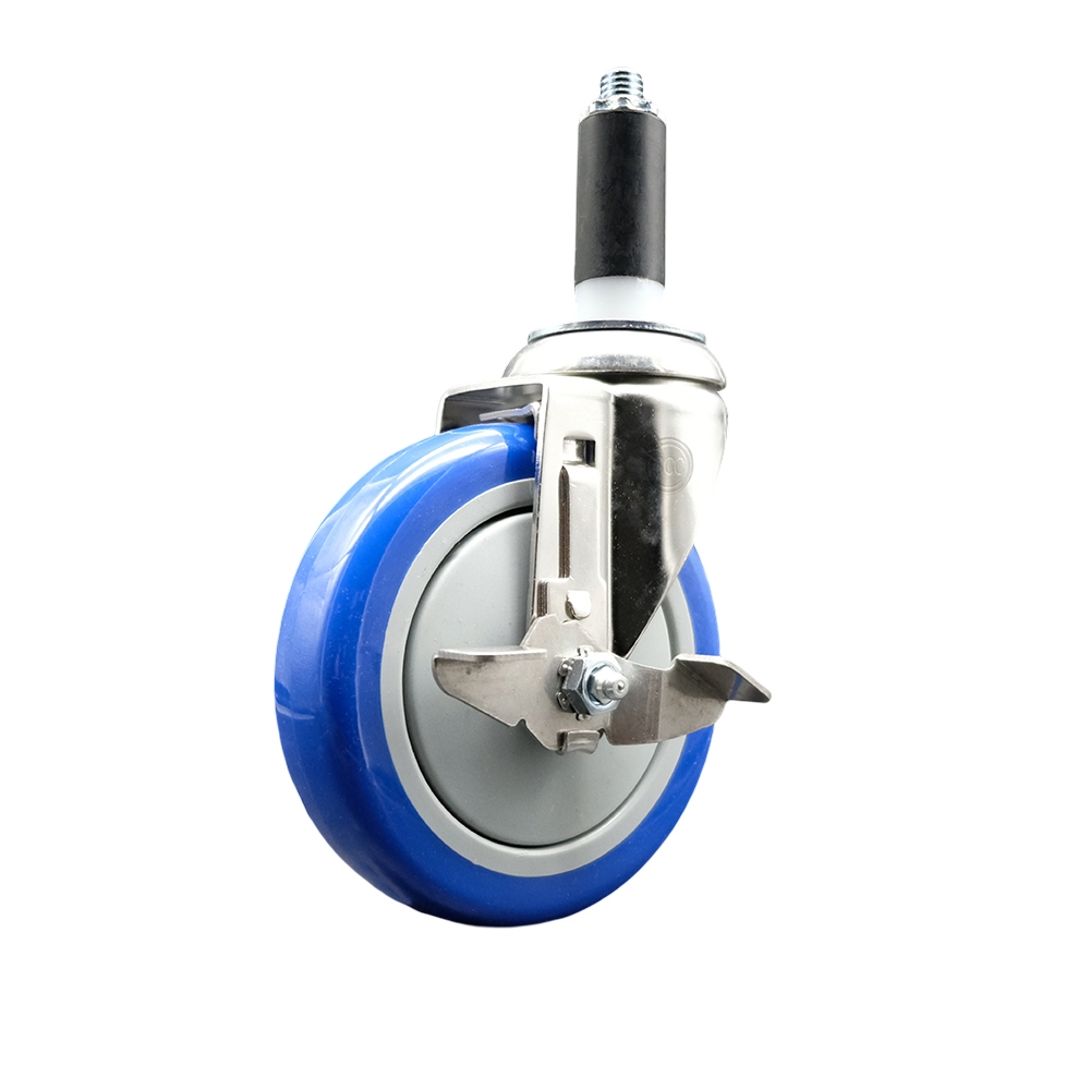 Polyurethane Swivel Stem Caster with 5 in. Blue Caster Wheels & Top Lock Brake, 1.13 in. Expanding Stem - 316 Stainless Steel Caster