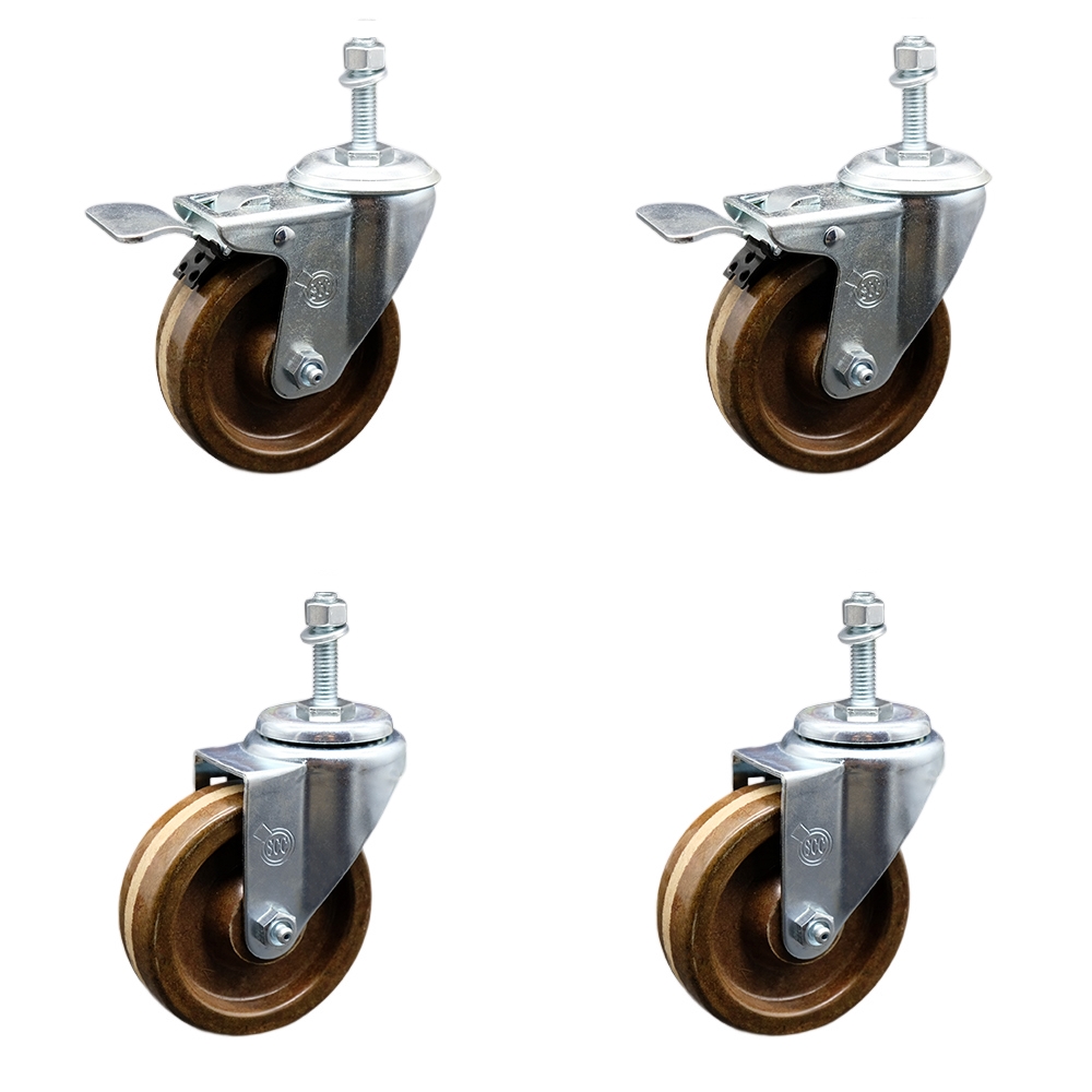 Stainless Steel High Temperature Phenolic Swivel Threaded Stem Caster with 4 x 1.25 in. Brown Wheels & 0.38 in. Stems - Set of 4
