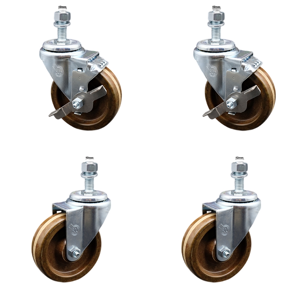 Stainless Steel High Temperature Phenolic Swivel Threaded Stem Caster with 4 x 1.25 in. Brown Wheels & 12 mm Stems - Set of 4