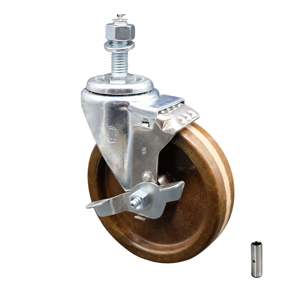 Stainless Steel High Temperature Phenolic Swivel Threaded Stem Caster with 5 x 1.25 in. Brown Wheel & 0.5 in. Stem & Top Locking Brake