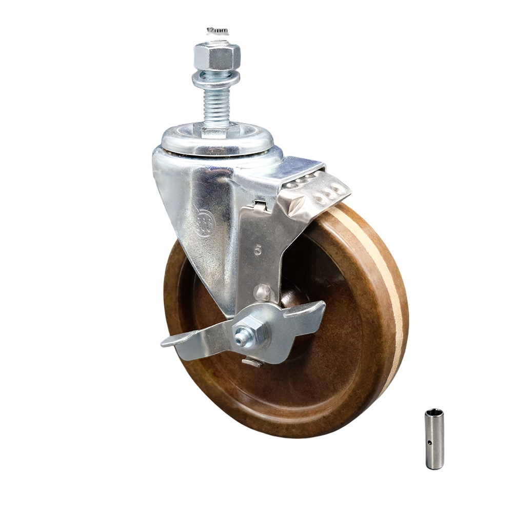 Stainless Steel High Temperature Phenolic Swivel Threaded Stem Caster with 5 x 1.25 in. Brown Wheel & 12 mm Stem & Top Locking Brake