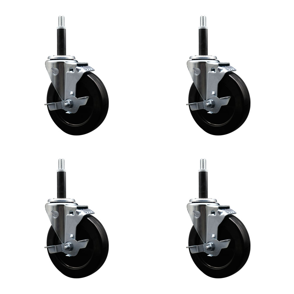 Stainless Steel Soft Rubber Swivel Expanding Stem Caster with 5 in. Black Wheels & 0.75 in. Stems, 4 Swivel with Top Locking Brakes - Set of 4