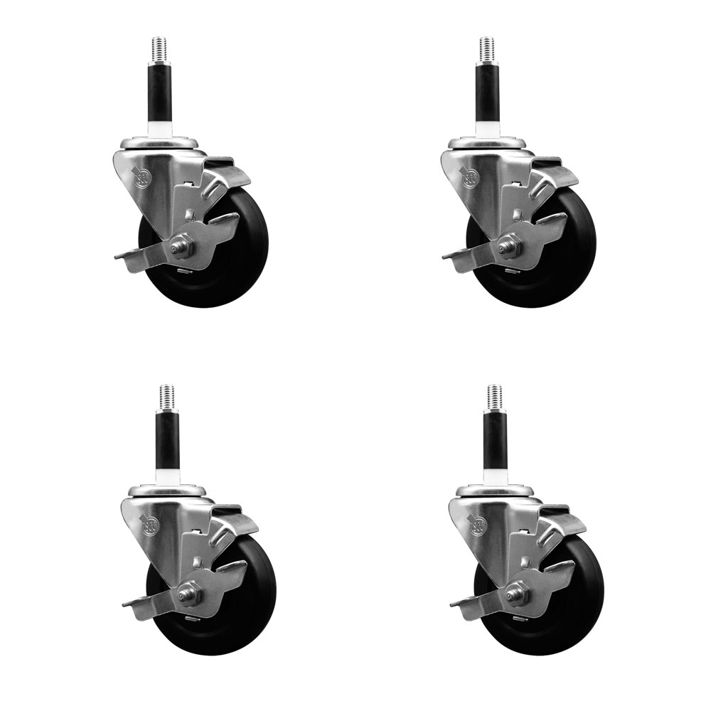 Stainless Steel Soft Rubber Swivel Expanding Stem Caster with 3.5 in. Black Wheels & 0.87 in. Stems, 4 Swivel with Top Locking Brakes - Set of 4