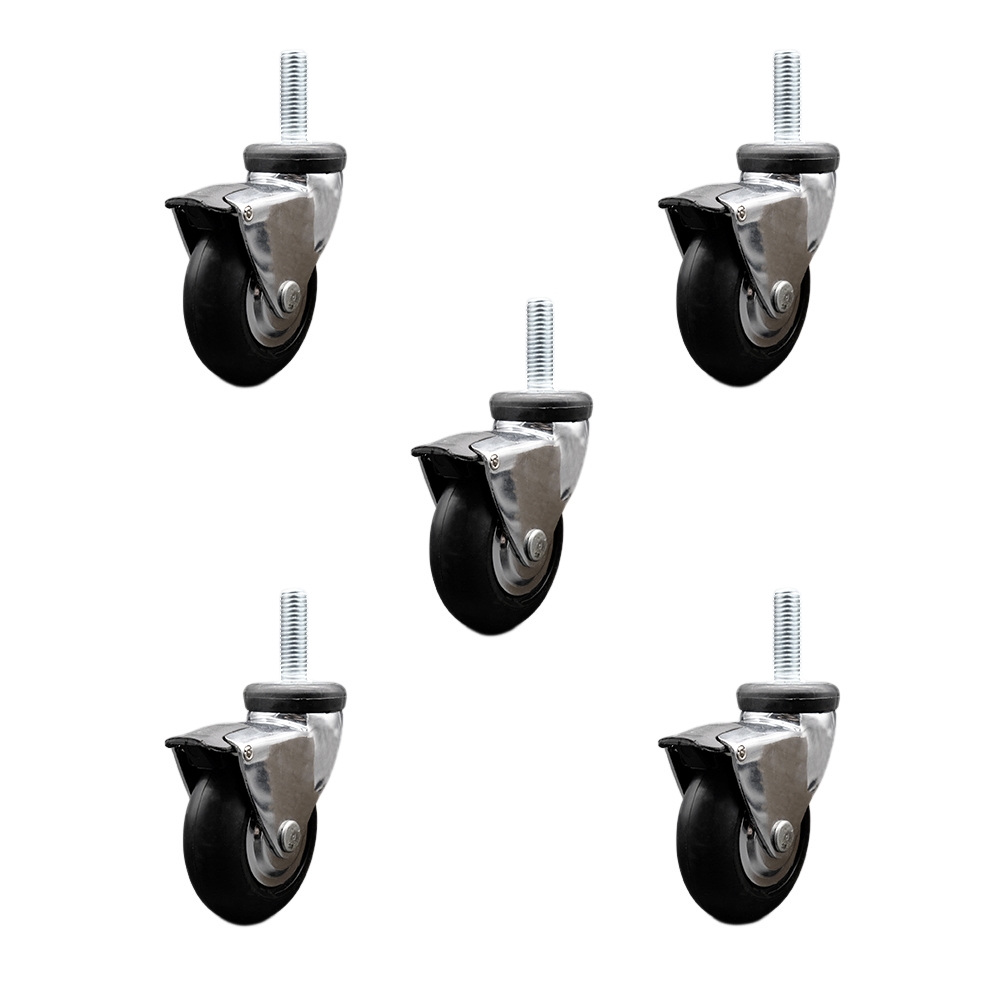 3 in. Swivel Caster Wheels for Furniture Bright Chrome Hooded with0.375 in. 16 TPI x 1 in. Threaded Stem & Brake - Set of 5