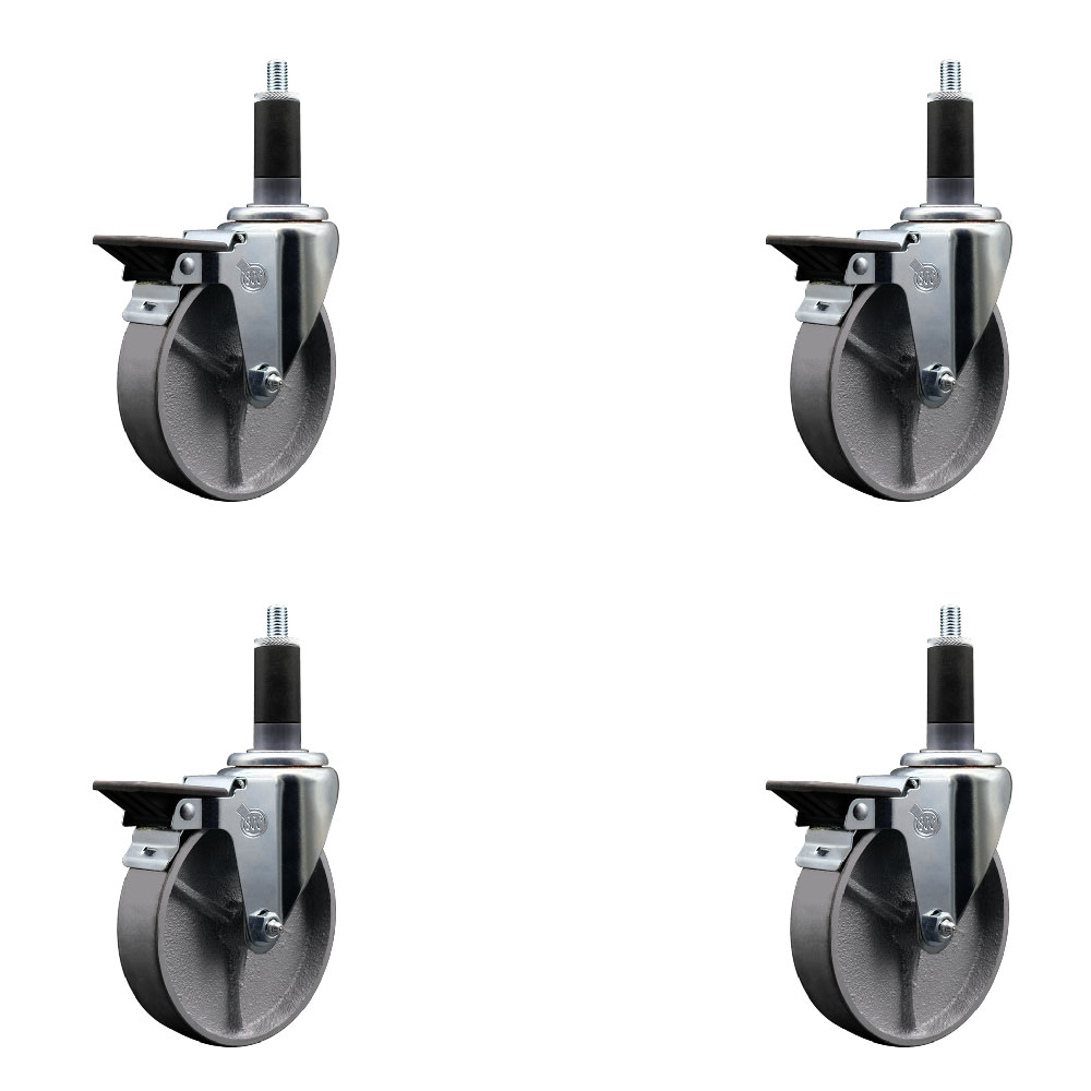 Semi Steel Cast Iron Swivel Expanding Stem Caster with Roller Bearings 5 x 1.5 in. Silver Wheels & 1.13 in. Stems 4 with Posi Lock Brakes - Set of 4