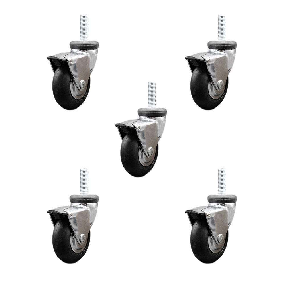 3 in. Swivel Caster Wheels for Furniture Bright Chrome Hooded with 0.5 in. 13 TPI x 1.5 in. Threaded Stem & Brake - Set of 5