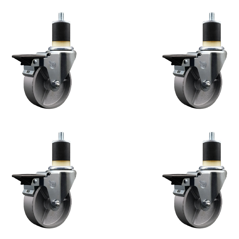 Semi Steel Cast Iron Swivel Expanding Stem Caster with Roller Bearings 4 x 1.5 in. Silver Wheels & 1.87 in. Stems 4 with Posi Lock Brakes - Set of 4
