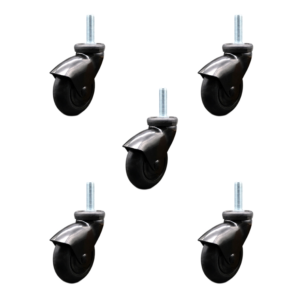 3 in. Swivel Caster Wheels for Furniture Black Hooded Neoprene Rubber Wheel with0.375 in. 16 TPI x 1.5 in. Threaded Stem - Set of 5