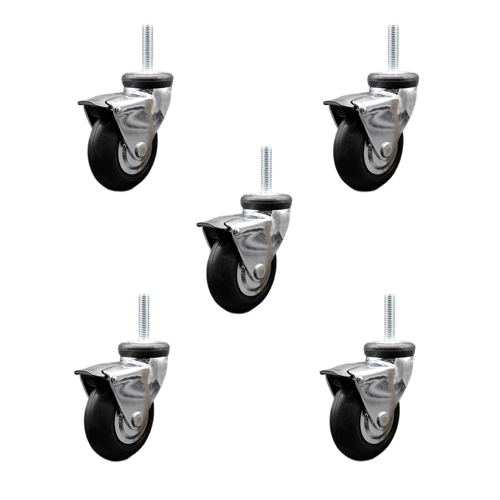 3 in. Swivel Caster Wheels for Furniture Bright Chrome Hooded Neoprene Rubber Wheel with 12 mm 1.75 x 1.5 in. Threaded Stem & Brake - Set of 5