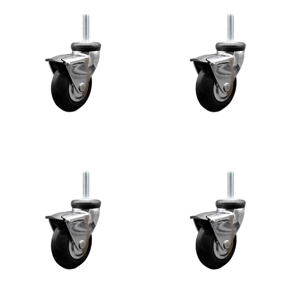 3 in. Swivel Caster Wheels for Furniture Bright Chrome Hooded Neoprene Rubber Wheel with 8 mm 1.25 x 1.5 in. Threaded Stem & Brake - Set of 4