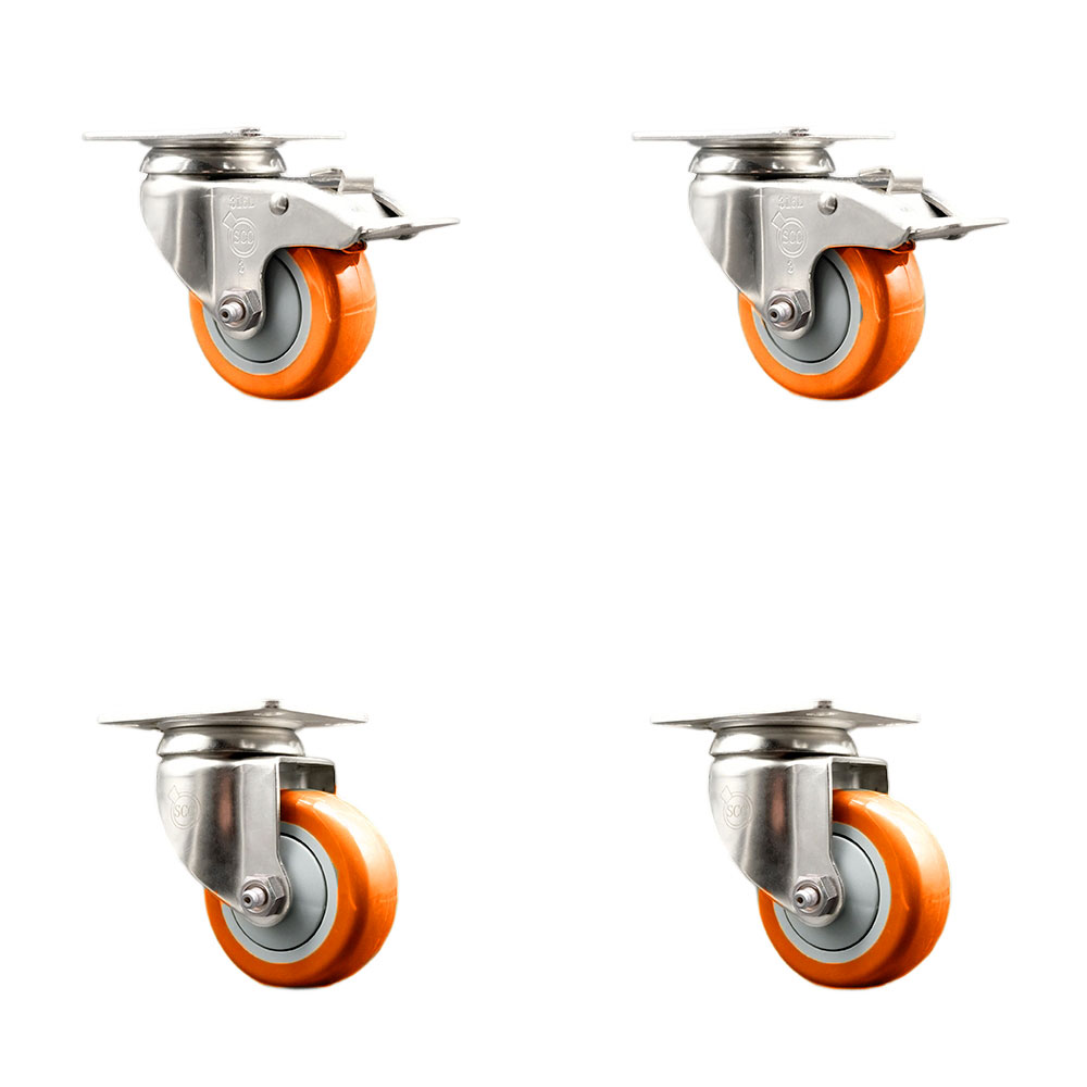 SCC-SS316TTL20S3514-PPUB-ORG-2-S-2 Polyurethane Swivel Top Plate Caster with 3.5 in. 316 Stainless Steel Orange Wheels - Set of 4