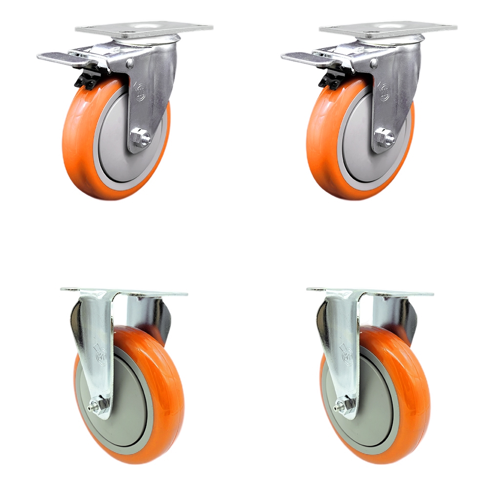 SCC-SS316TTL20S514-PPUB-ORG-2-R-2 Polyurethane Swivel Top Plate Caster with 5 in. 316 Stainless Steel Orange Wheels - Set of 4