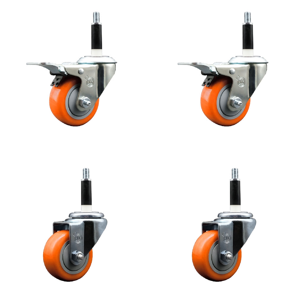 Polyurethane Swivel Stem Caster with 3 in. Orange Caster Wheels, 0.87 in. Expanding Stem - 316 Stainless Steel Casters - Set of 4