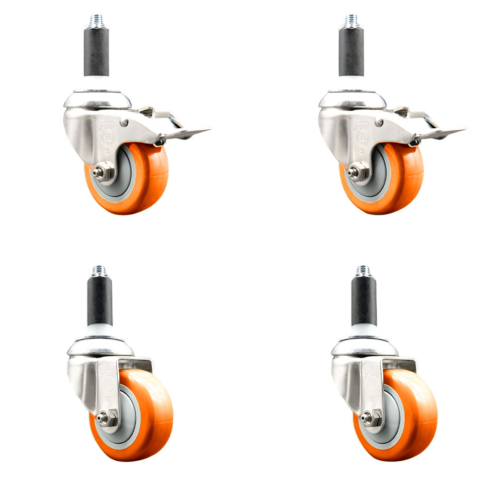 Polyurethane Swivel Stem Caster with 3.5 in. Orange Caster Wheels 1.13 in. Expanding Stem - 316 Stainless Steel Casters - Set of 4