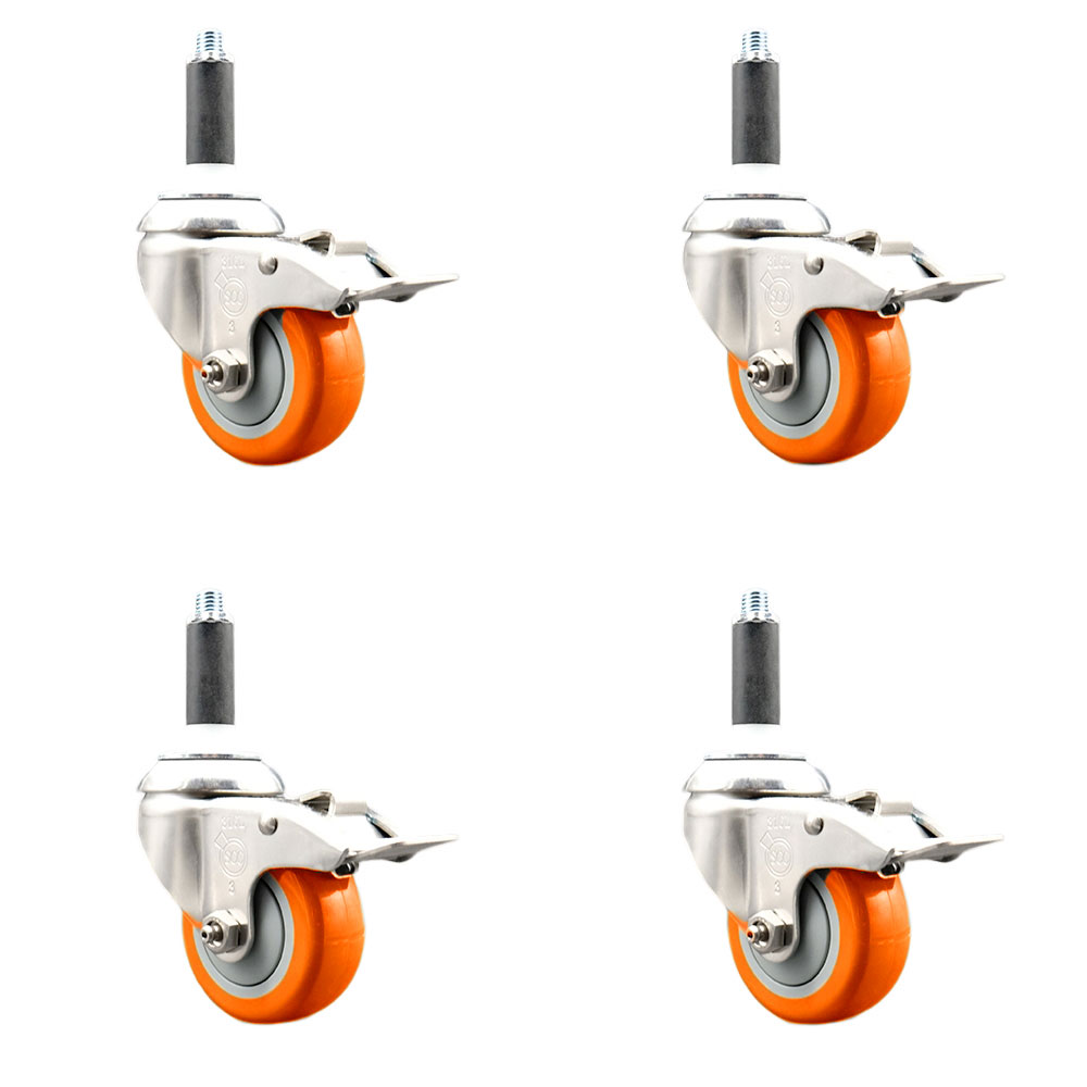 Polyurethane Swivel Stem Caster with 3.5 in. Orange Caster Wheels, 0.87 in. Expanding Stems - 316 Stainless Steel Casters - Set of 4