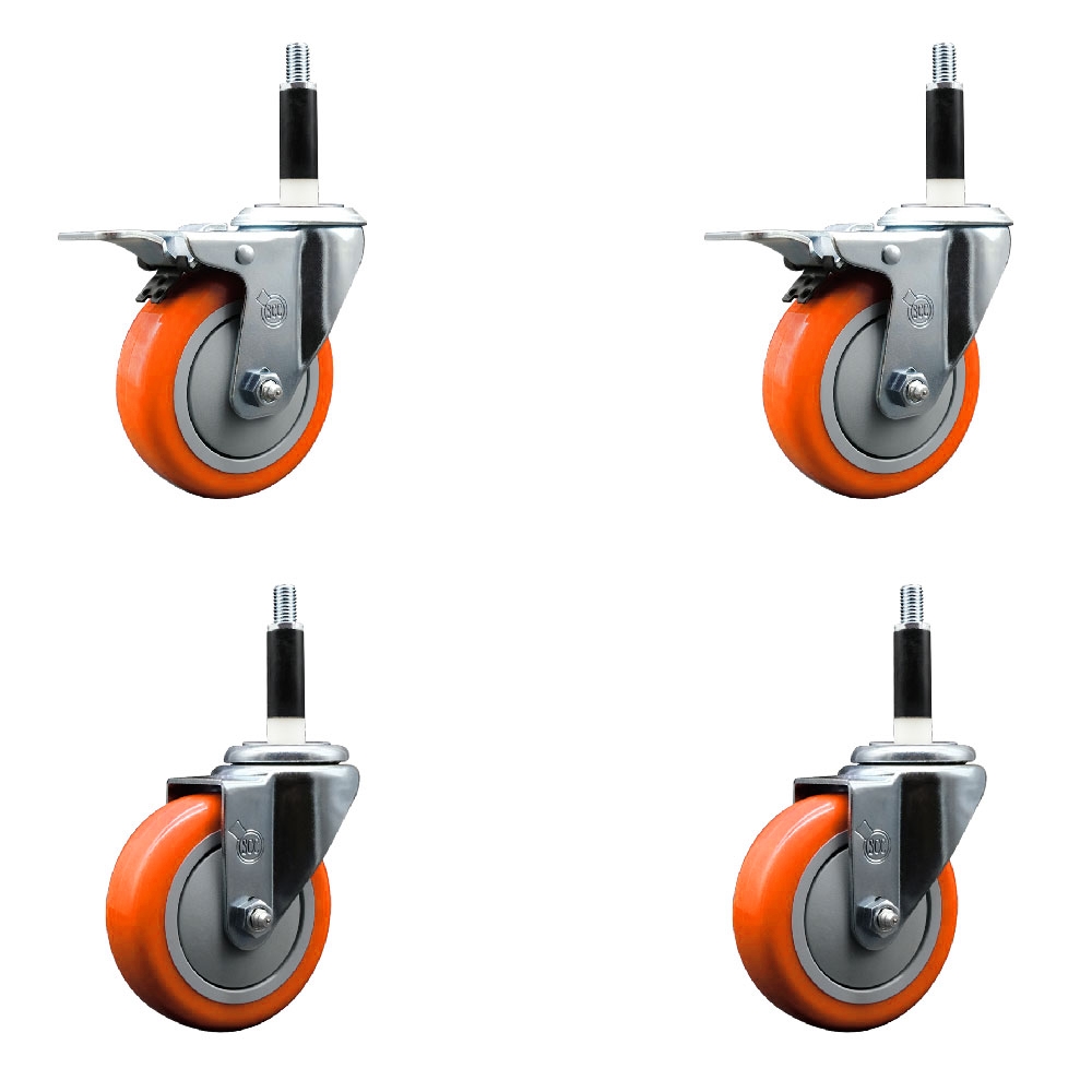 Polyurethane Swivel Stem Caster with 4 in. Orange Caster Wheels, 0.87 in. Expanding Stem - 316 Stainless Steel Casters - Set of 4