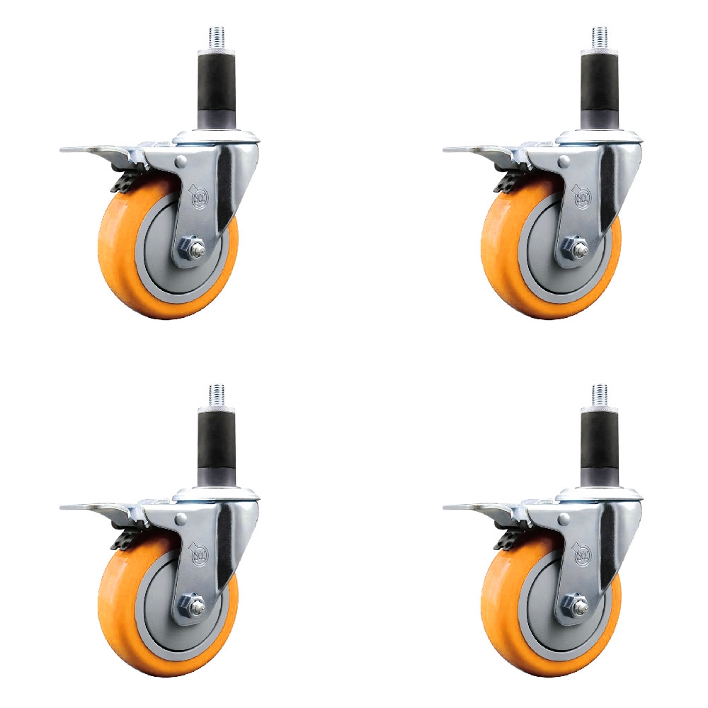 Polyurethane Swivel Stem Caster with 4 in. Yellow Caster Wheels, 1.25 in. Expanding Stems - 316 Stainless Steel Casters - Set of 4