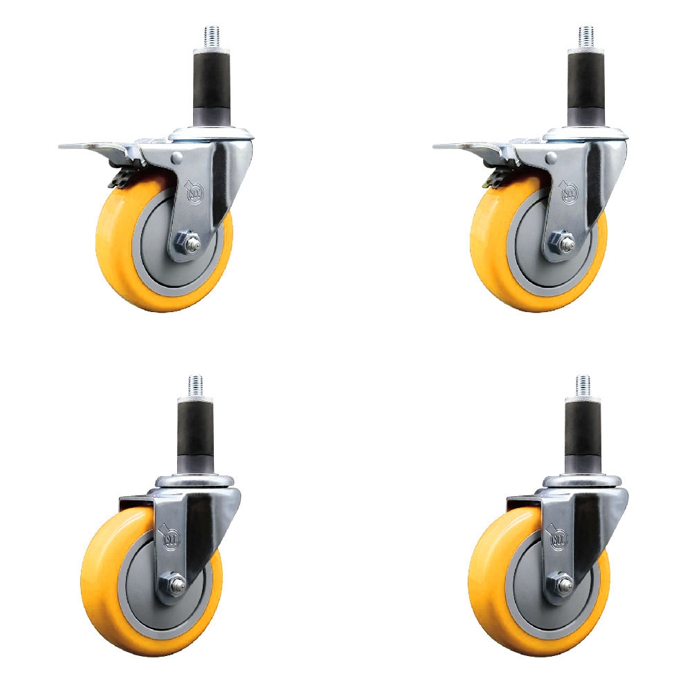 Polyurethane Swivel Stem Caster with 4 in. Yellow Caster Wheels, 1.25 in. Expanding Stem - 316 Stainless Steel Casters - Set of 4