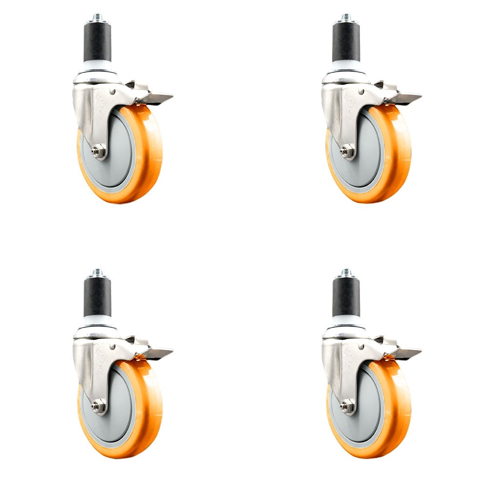 Polyurethane Swivel Stem Caster with 5 in. Orange Caster Wheels, 1.5 in. Expanding Stems - 316 Stainless Steel Casters - Set of 4