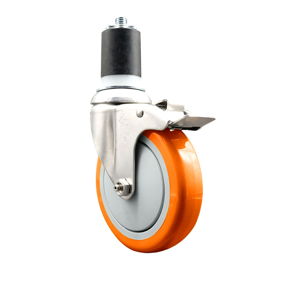 Polyurethane Swivel Stem Caster with 5 in. Orange Caster Wheels & Total Lock Brake, 1.75 in. Expanding Stem - 316 Stainless Steel Caster