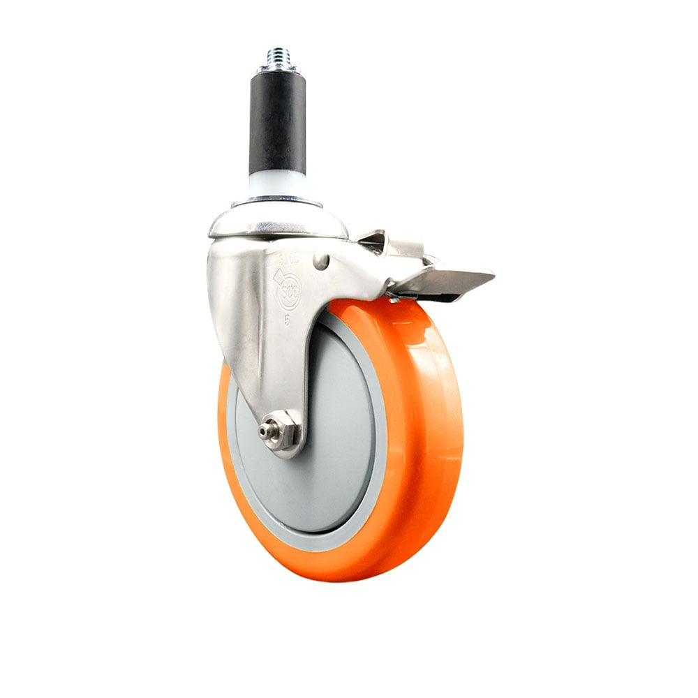 Polyurethane Swivel Stem Caster with 5 in. Orange Caster Wheels & Total Lock Brake, 1.38 in. Expanding Stem - 316 Stainless Steel Caster
