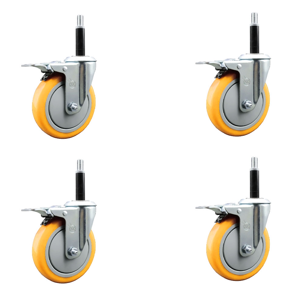 Polyurethane Swivel Stem Caster with 5 in. Yellow Caster Wheels, 0.75 in. Expanding Stems - 316 Stainless Steel Casters - Set of 4