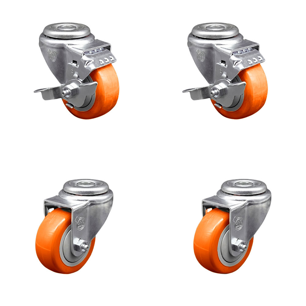SCC-SSBH20S3514-PPUB-ORG-TLB-2-S-2 Stainless Steel Polyurethane Swivel Bolt Hole Caster with 3.5 x 1.25 in. Orange Wheels - Set of 4