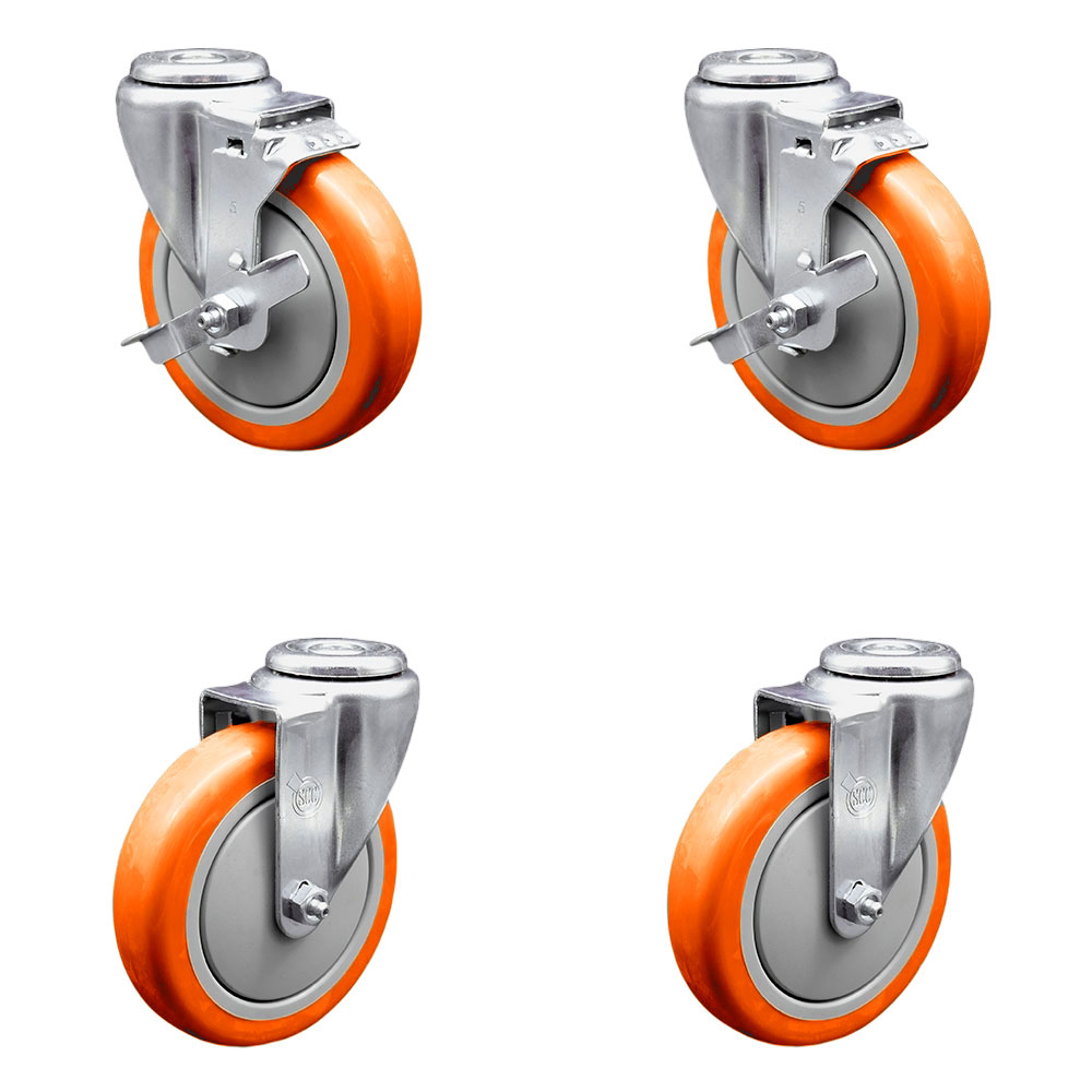 SCC-SSBH20S514-PPUB-ORG-TLB-2-S-2 Stainless Steel Polyurethane Swivel Bolt Hole Caster with 5 x 1.25 in. Orange Wheels - Set of 4