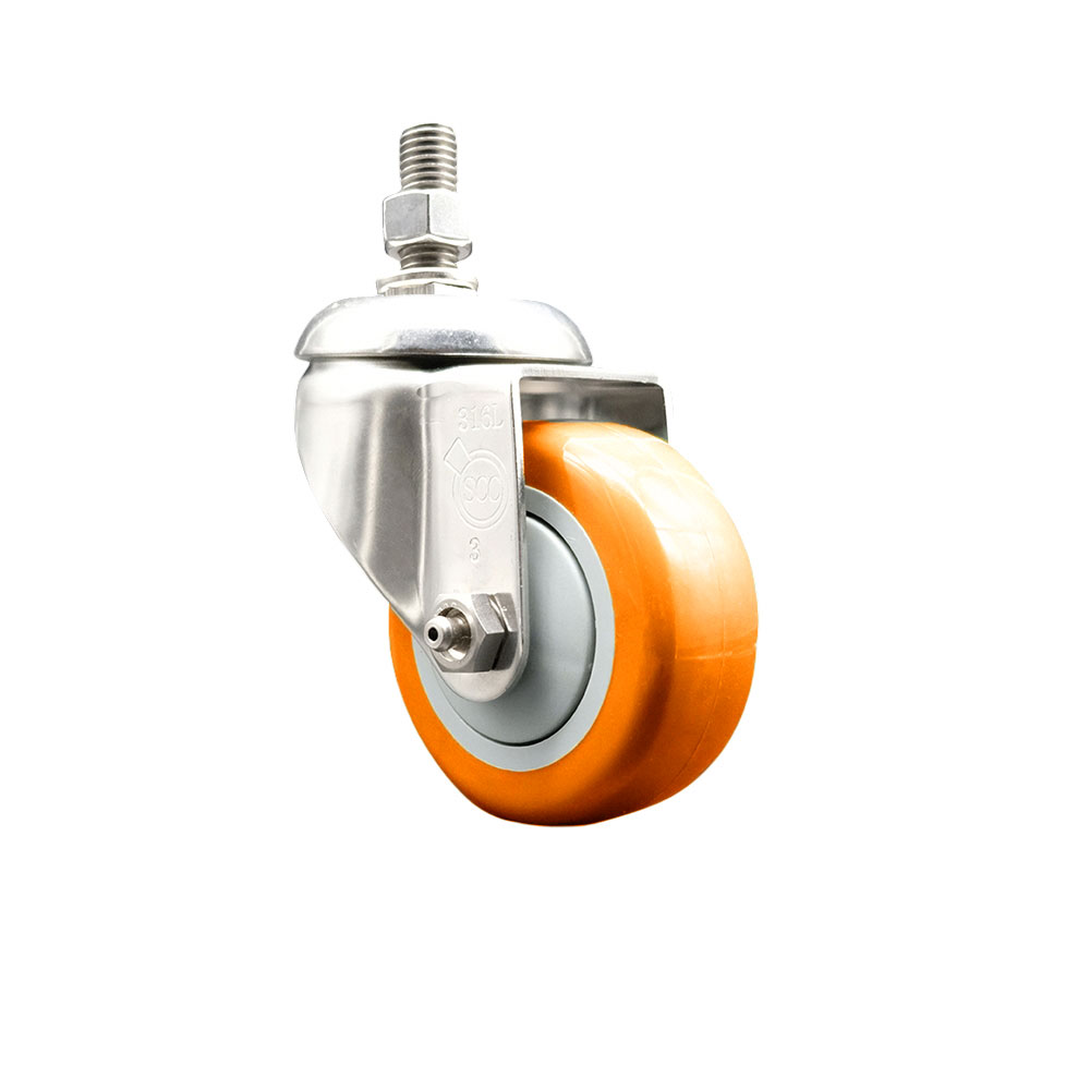 Polyurethane Swivel Stem Caster with 3.5 in. Orange Caster Wheels, 10 mm Threaded Stem - 316 Stainless Steel Caster